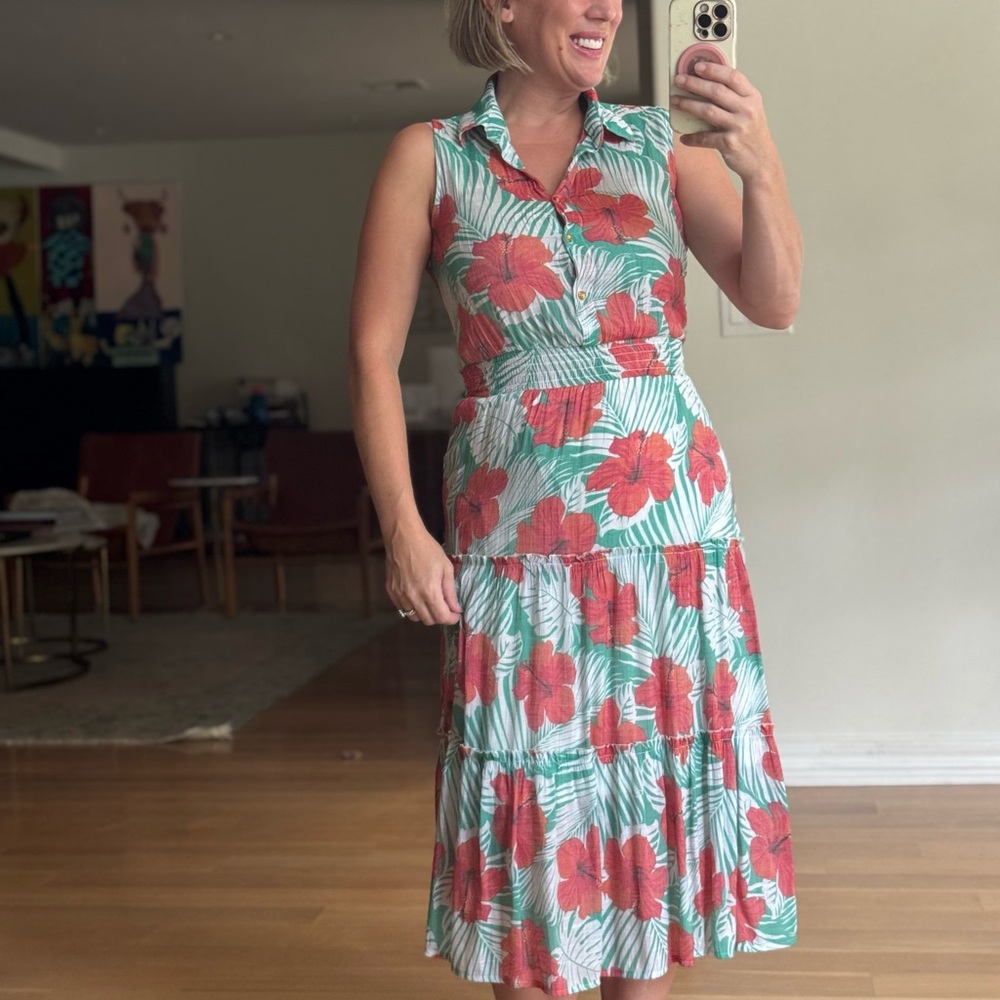 Alex & Parker Size Small Red Hibiscus Tropical Floral Collared Dress Red Green